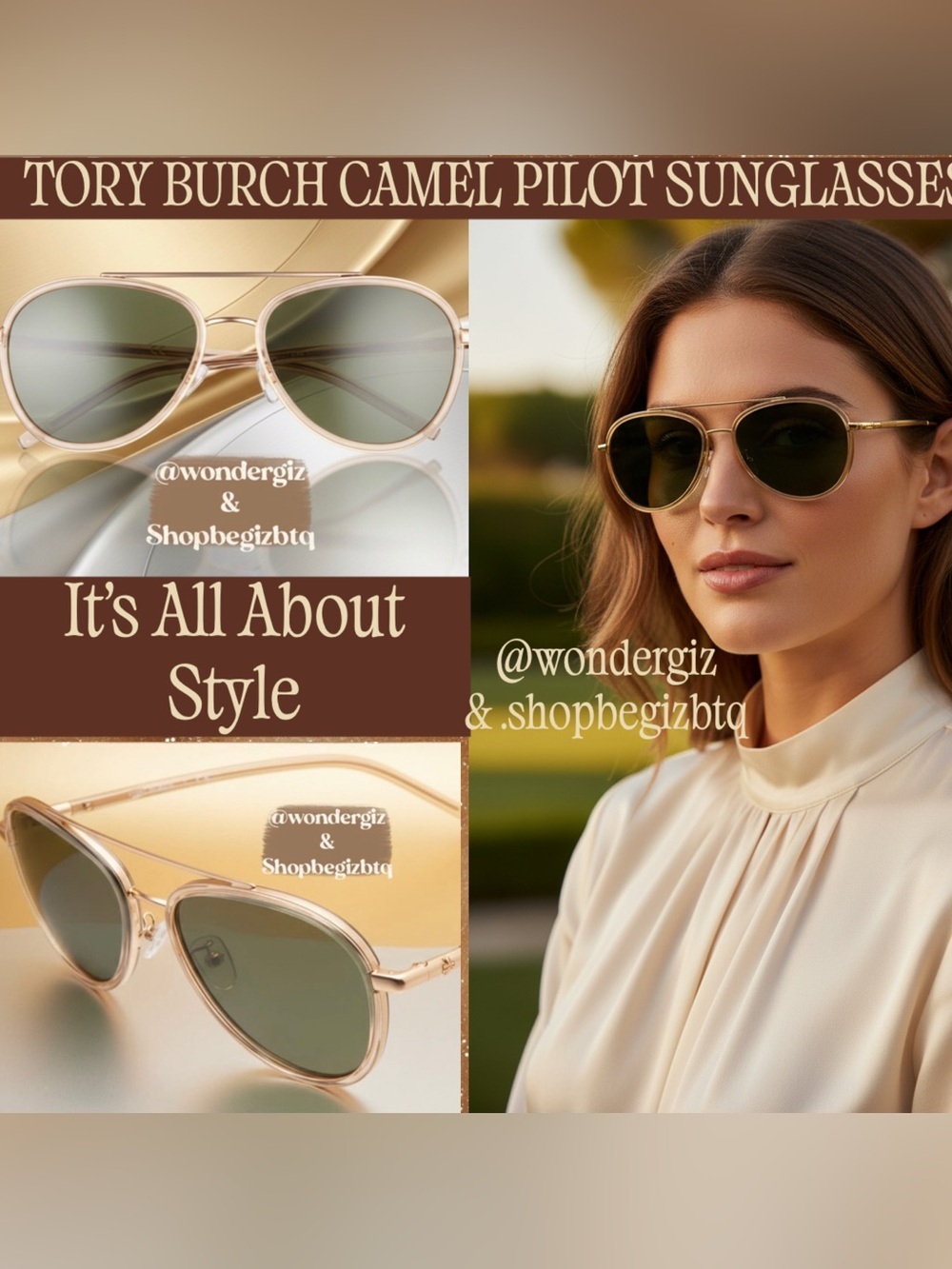 NWT Authentic Tory Burch Eleanor Pilot Sunglasses Transparent Camel 57mm (Gold)